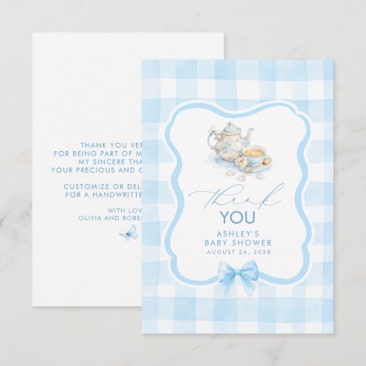 Thee Thema Blauw Gingham Schattig Bedankt (Voorkant / Achterkant)