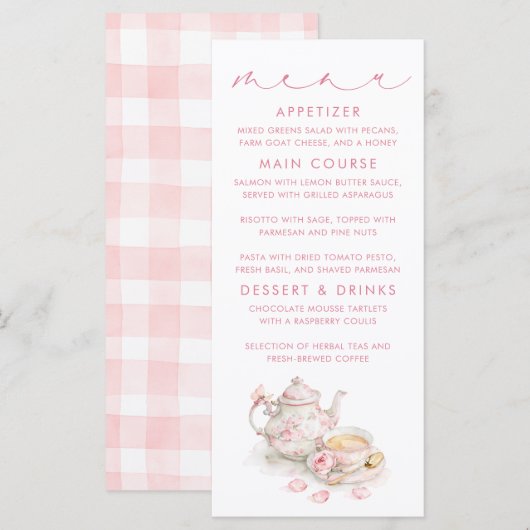 Thee Thema Roze Gingham Patroon Menukaarten Menu (Voorkant / Achterkant)