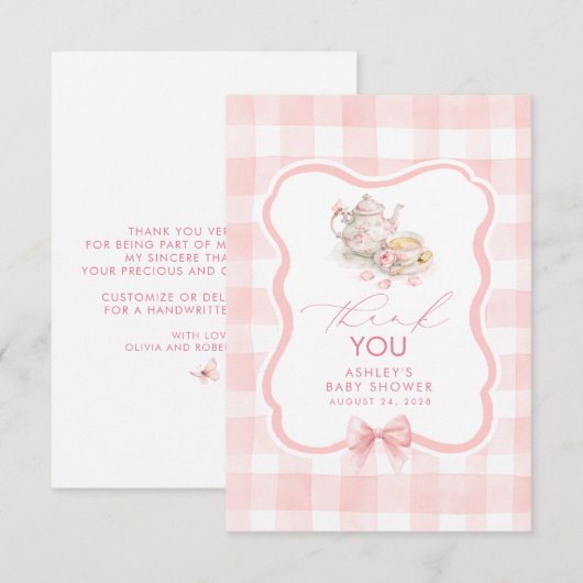 Thee Thema Roze Gingham Schattig Dank Je Bedankkaart (Voorkant / Achterkant)