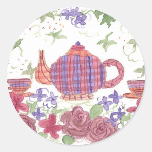 Thee Tijd Theepot en Bloemen Ronde Sticker (Voorkant)