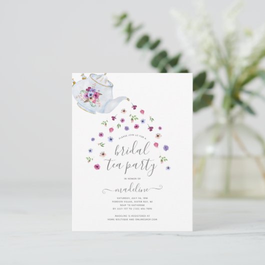 Thee-uitnodiging voor bruidsdouche met theepot en  briefkaart (Staand voorkant)
