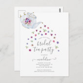 Thee-uitnodiging voor bruidsdouche met theepot en  briefkaart (Voorkant / Achterkant)