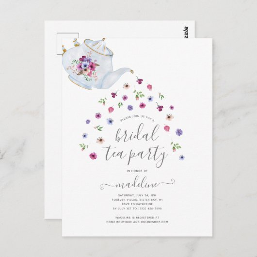 Thee-uitnodiging voor bruidsdouche met theepot en  briefkaart (Voorkant / Achterkant)