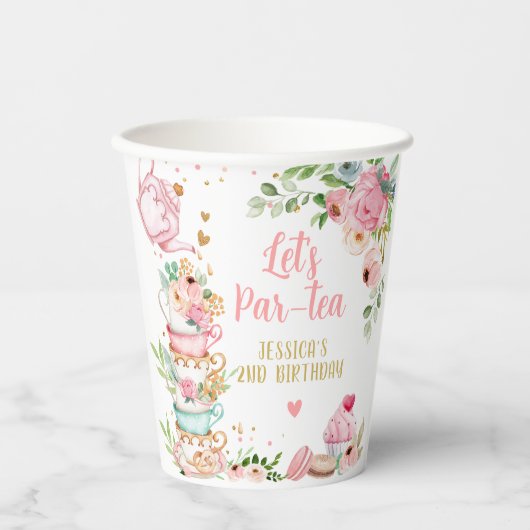 Thee Verjaardagsfeest Roze Bloemenmeisje Par-tea B Papieren Bekers (Voorkant)