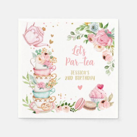 Thee Verjaardagsfeest Roze Bloemenmeisje Par-tea B Servet (Voorkant)