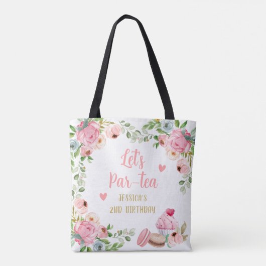 Thee Verjaardagsfeest Roze Bloemenmeisje Par-tea B Tote Bag (Achterkant)