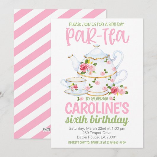 Thee Verjaardagsfeest Uitnodiging (Voorkant / Achterkant)