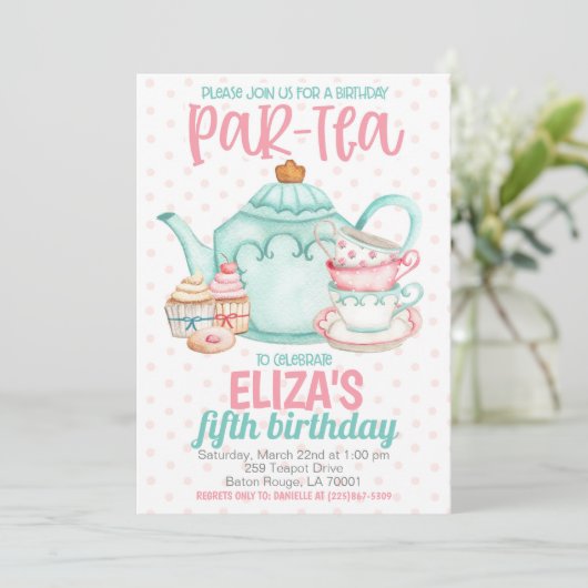 Thee Verjaardagsfeest Uitnodiging (Staand voorkant)