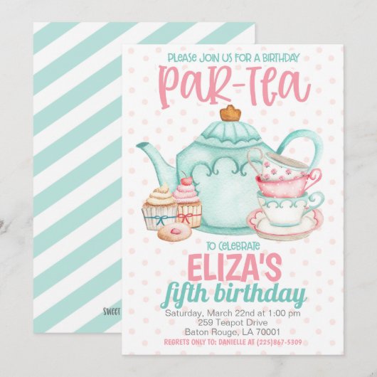 Thee Verjaardagsfeest Uitnodiging (Voorkant / Achterkant)