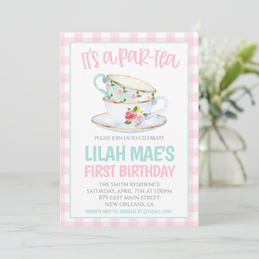 Thee Verjaardagsfeest Uitnodiging (Staand voorkant)