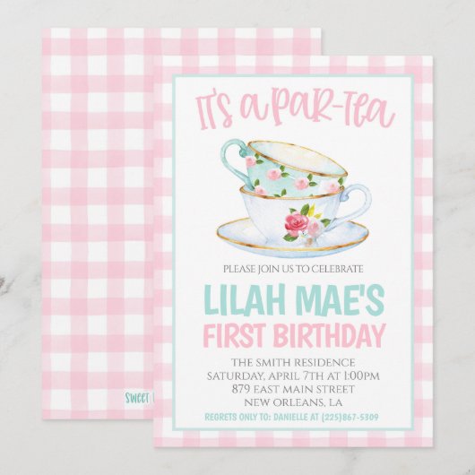 Thee Verjaardagsfeest Uitnodiging (Voorkant / Achterkant)