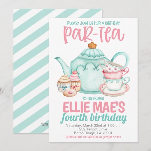 Thee Verjaardagsfeest Uitnodiging (Voorkant / Achterkant)