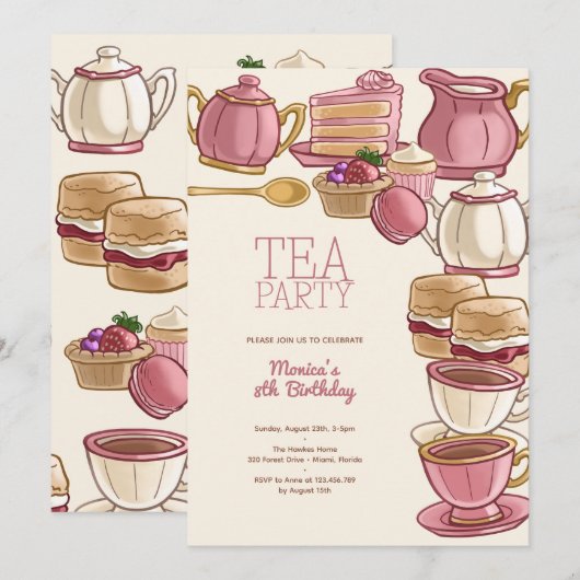 Thee verjaardagsfeestje kaart (Voorkant / Achterkant)