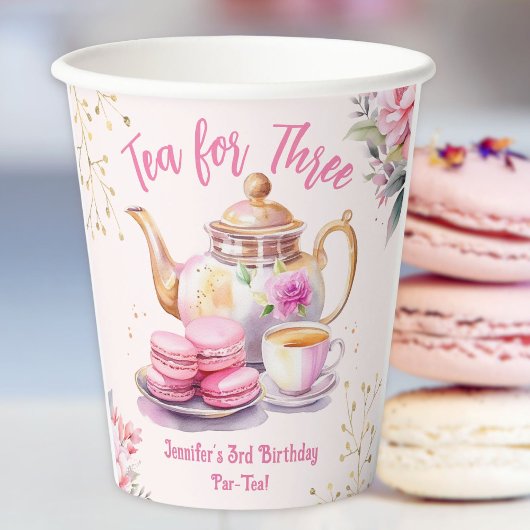 Thee voor drie! Meisje Roze 3e verjaardag Tea Part Papieren Bekers