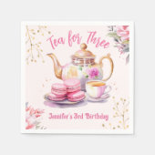 Thee voor drie! Meisje Roze Bloemen 3e Verjaardags Servet (Voorkant)