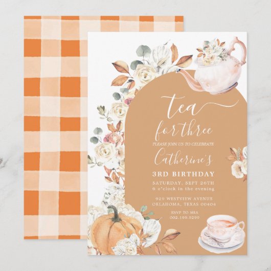 Thee voor Drie Pompoen Boho Bloemen 3e Verjaardag Kaart (Voorkant / Achterkant)