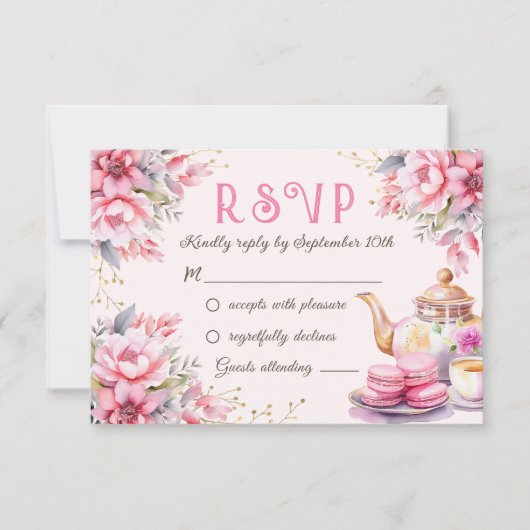 Thee Voor Drie Roze Bloemen 3e Verjaardag RSVP Kaa (Voorkant)