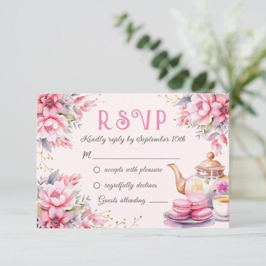 Thee Voor Drie Roze Bloemen 3e Verjaardag RSVP Kaa (Staand voorkant)