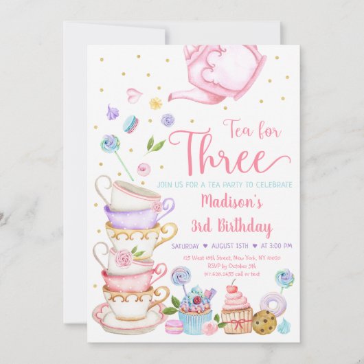 Thee voor drie roze theekfeest kaart (Voorkant)