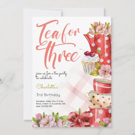 Thee voor drie, thee bloemig derde verjaardag kaart (Voorkant)