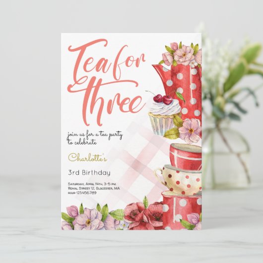 Thee voor drie, thee bloemig derde verjaardag kaart (Staand voorkant)