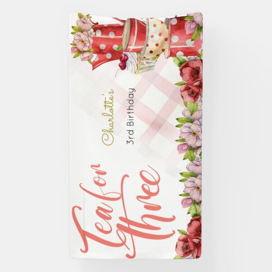 Thee voor drie, thee bloemige verjaardag spandoek (Verticaal)