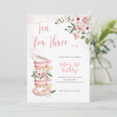 Thee voor drie theekopjes thema verjaardag uitnodi kaart (Staand voorkant)