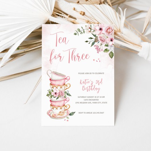Thee voor drie theekopjes thema verjaardag uitnodi kaart