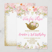 Thee voor Drie Uitnodiging, Roze Bloemen 3e Verjaa Kaart (Voorkant / Achterkant)