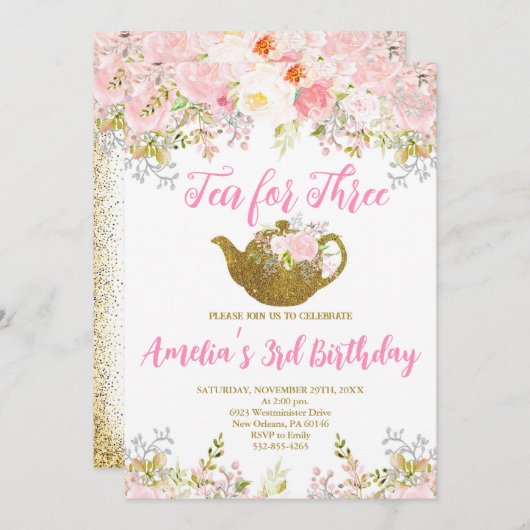 Thee voor Drie Uitnodiging, Roze Bloemen 3e Verjaa Kaart (Voorkant / Achterkant)