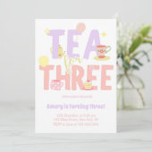 Thee voor Drie Verjaardag Roze Pastel Thee Feest Kaart (Staand voorkant)