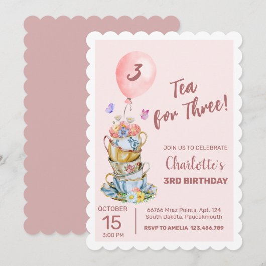 Thee voor drie verjaardagen Roze Bloemen Tea Party Kaart (Voorkant / Achterkant)