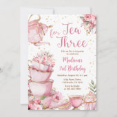 Thee voor drie verjaardagsfeestje roze bloementhee kaart (Voorkant)