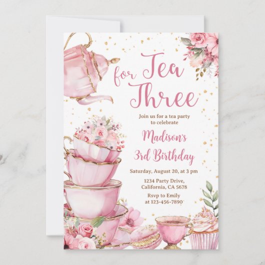 Thee voor drie verjaardagsfeestje roze bloementhee kaart (Voorkant)