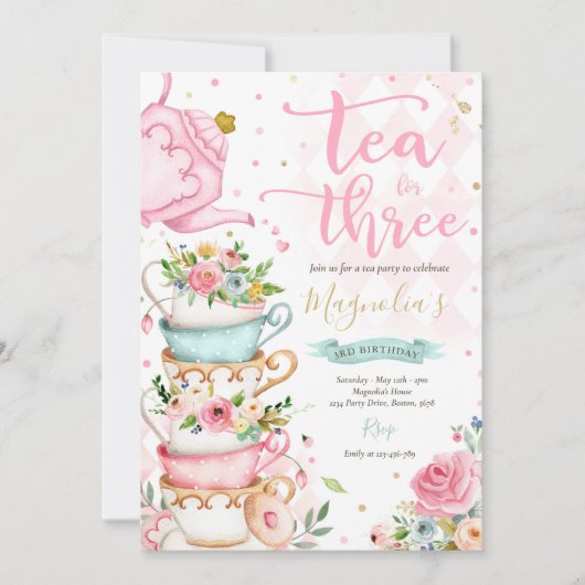 Thee voor drie verjaardagsfeestje roze bloementhee kaart (Voorkant)