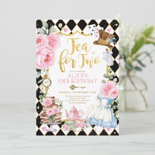 Thee voor Twee Alice in Wonderland Bloem Verjaarda Kaart (Staand voorkant)