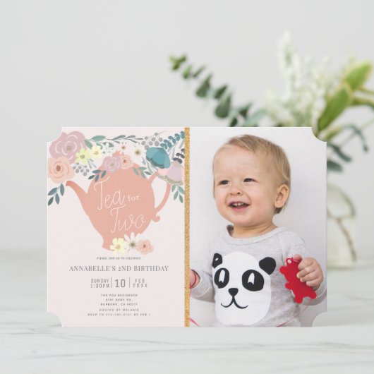 Thee voor Twee Bloemen Tea Party Foto 2e Verjaarda Kaart (Staand voorkant)