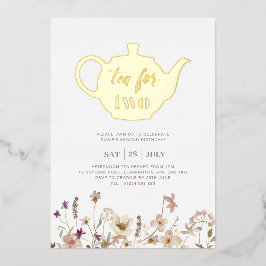Thee voor twee bloemen verjaardag - Goud Folie Uitnodiging