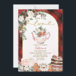 Thee voor twee gepleisterde bloemen Kerstmis 2e ve Kaart<br><div class="desc">BEWERKBARE Thee Voor Twee Plaid Bloemen Kerst 2e Verjaardag Uitnodiging Elegante Witte Bloemen Winter Kerstfeest Rood & Zwart Plaid Theepot Cakes Kerstmis Uitnodiging</div>