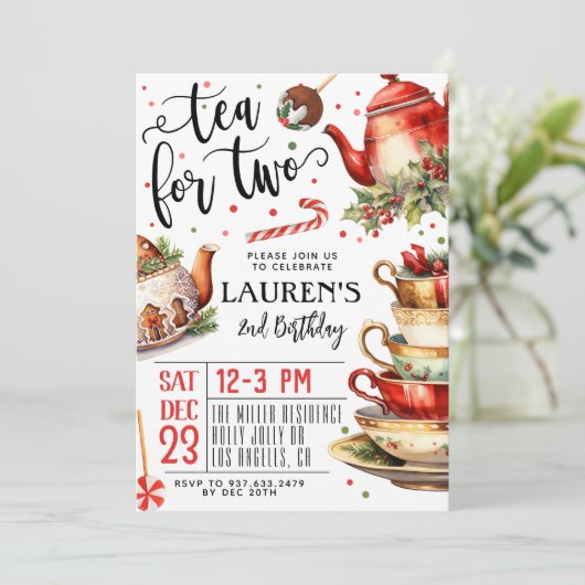 Thee voor twee kerst 2e verjaardag uitnodiging (Staand voorkant)