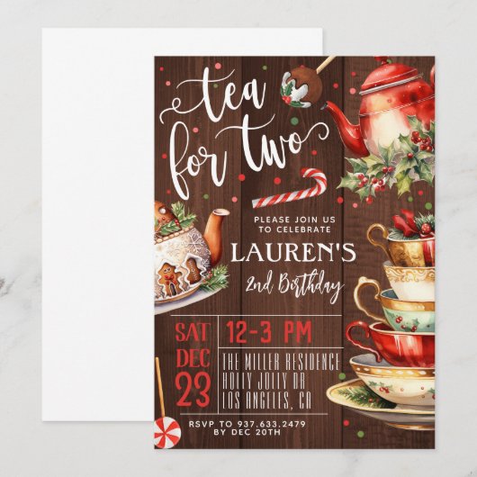 Thee voor twee kerst 2e verjaardag uitnodiging (Voorkant / Achterkant)