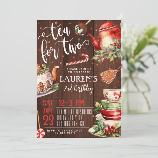 Thee voor twee kerst 2e verjaardag uitnodiging (Staand voorkant)