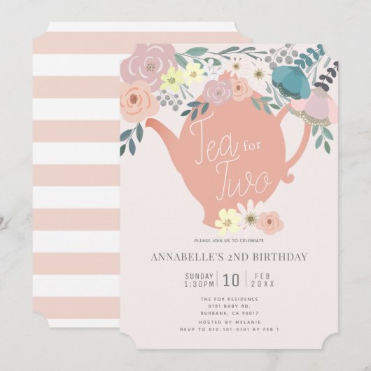Thee voor Twee Roze Bloemen Tea Party 2e Verjaarda Kaart (Voorkant / Achterkant)