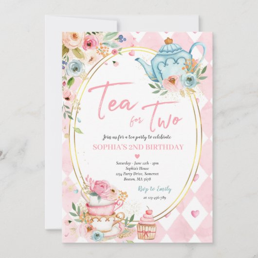 Thee voor twee roze en goudbloemen kaart (Voorkant)