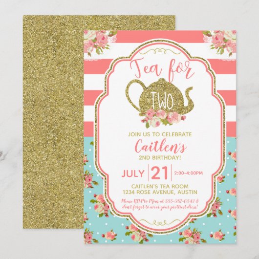 Thee voor twee roze gouden glitter verjaardag kaart (Voorkant / Achterkant)
