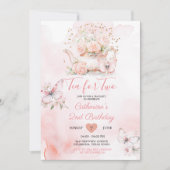 Thee voor twee roze thee party vlinder verjaardag kaart (Voorkant)