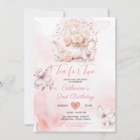 Thee voor twee roze thee party vlinder verjaardag kaart (Voorkant)