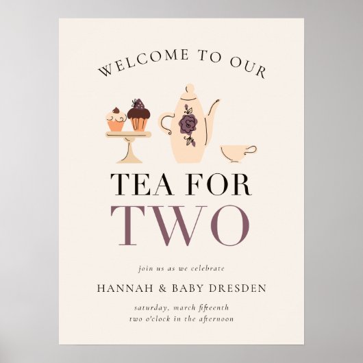 Thee voor twee | Tea Party Paarse Baby shower Poster (Voorkant)
