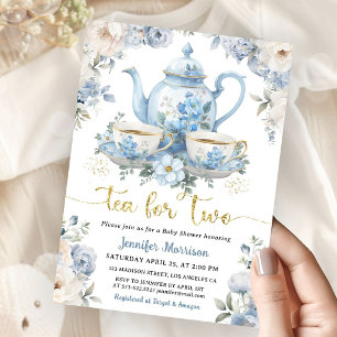 Thee voor Twee Thee Baby Shower Jongen Goud Blauw  Kaart
