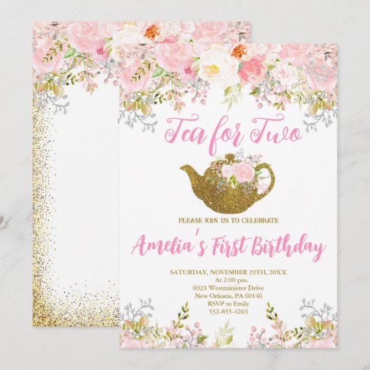Thee voor twee uitnodigingen, Tea Party 2e verjaar Kaart (Voorkant / Achterkant)